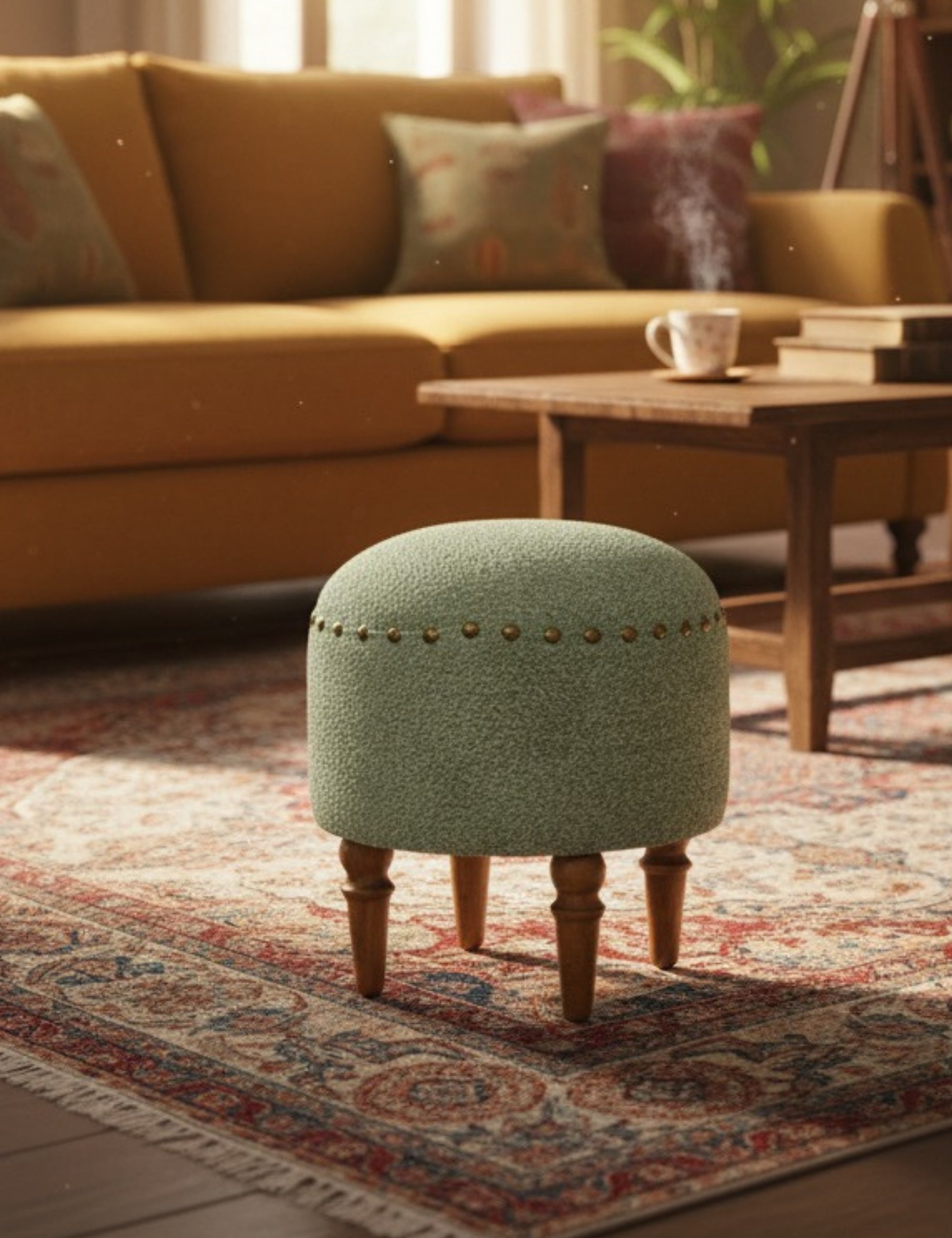 Saga Nostajik Ahşap Ayaklı Puf