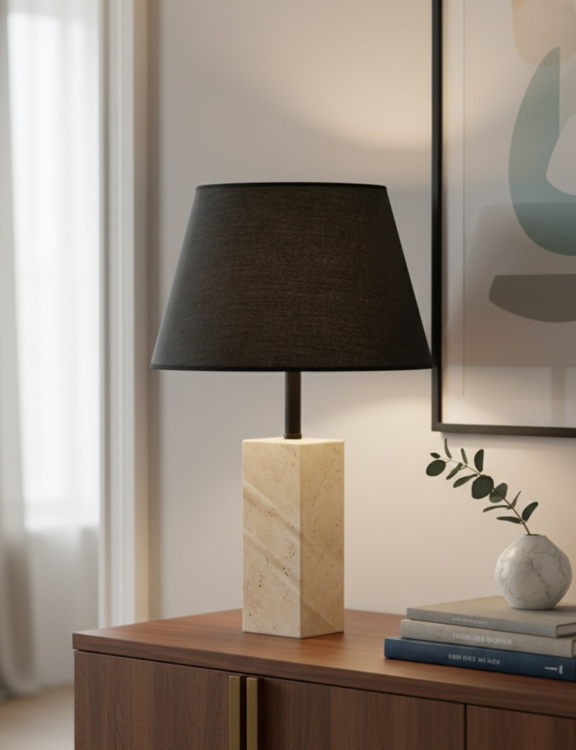 Valen Kumaş Şapkalı Siyah Traverten Abajur