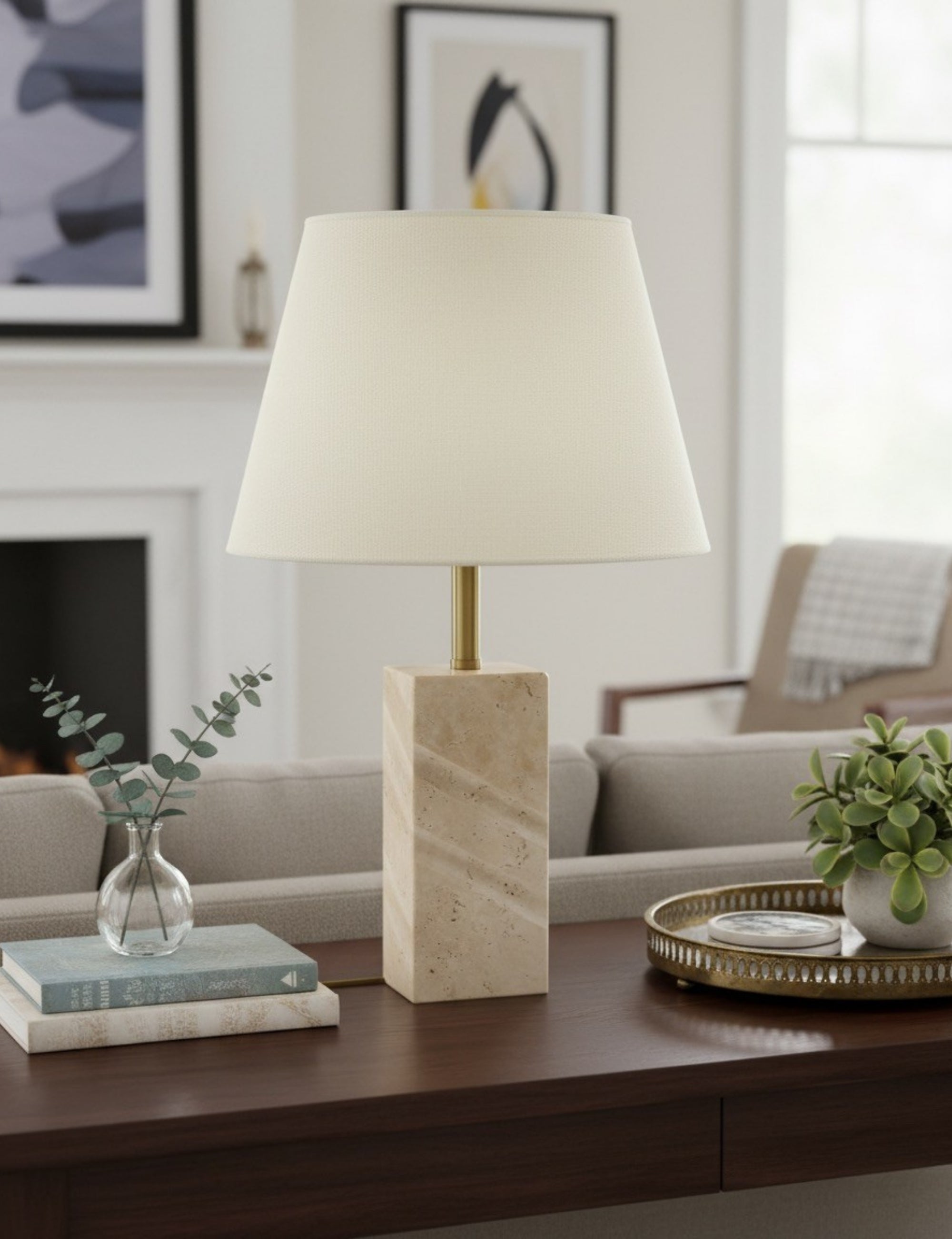 Valen Kumaş Şapkalı Traverten Abajur