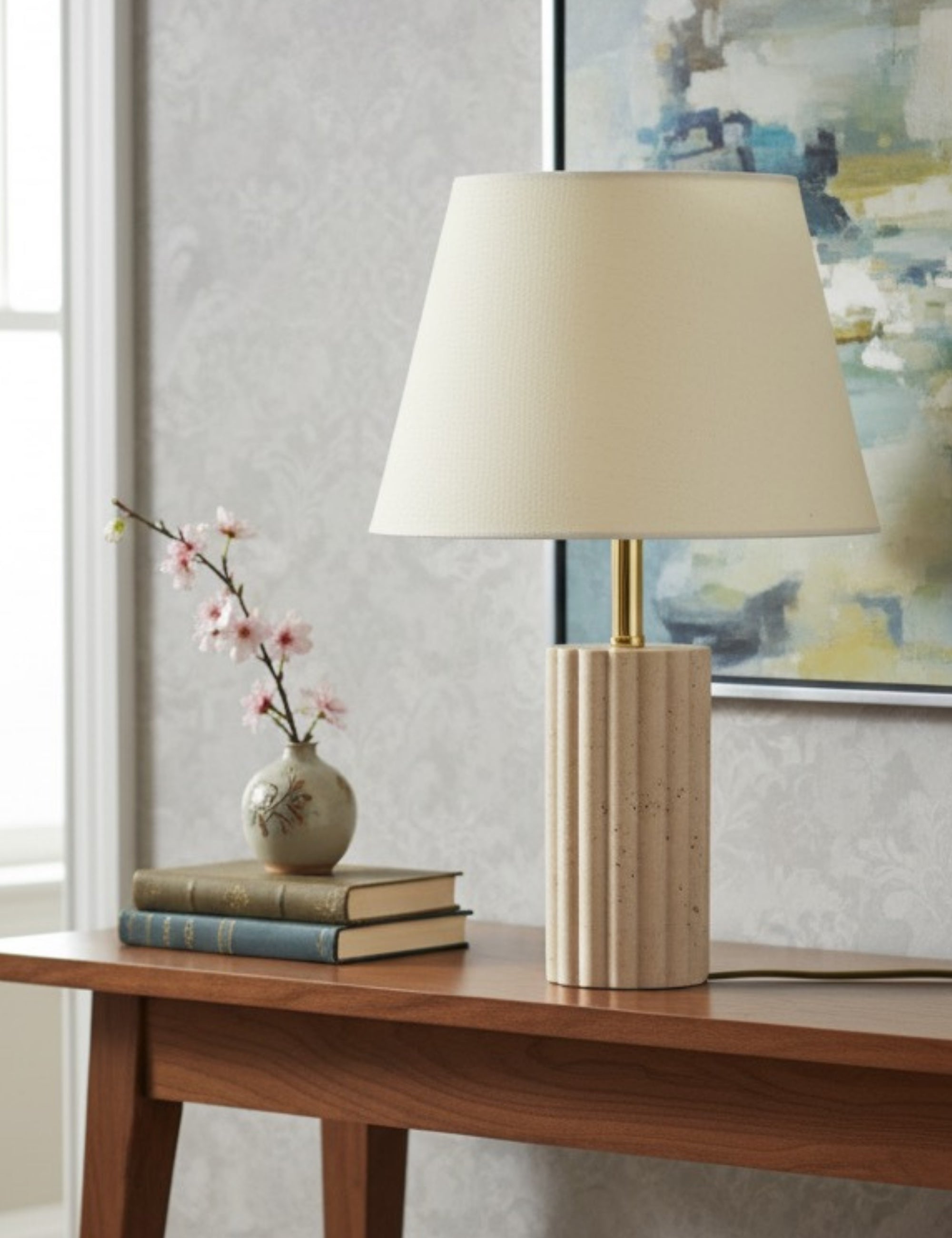 Astra Kumaş Şapkalı Gold Traverten Abajur