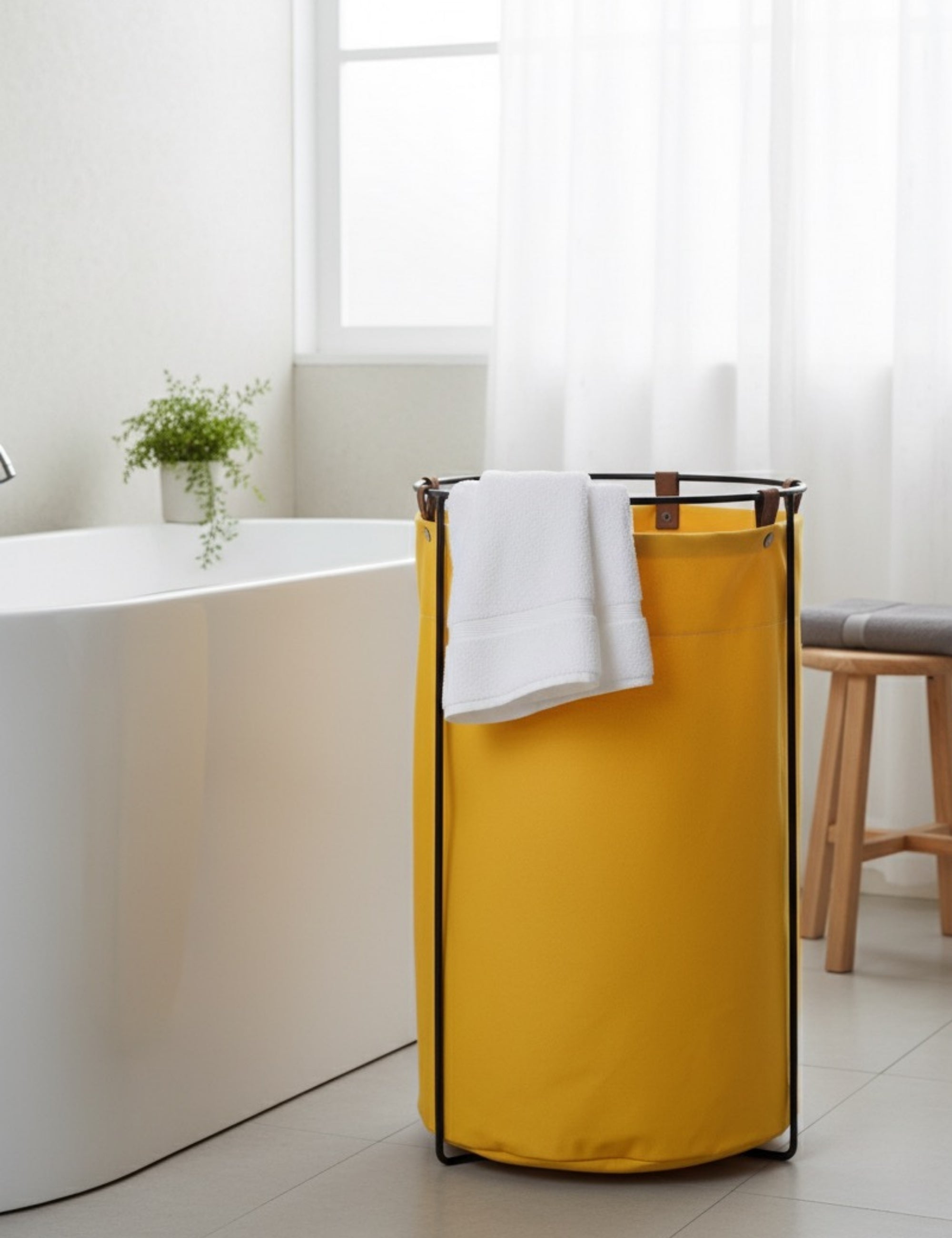 Edda Deri Askılı Metal Gövdeli Retro Çamaşır Sepeti - Sarı