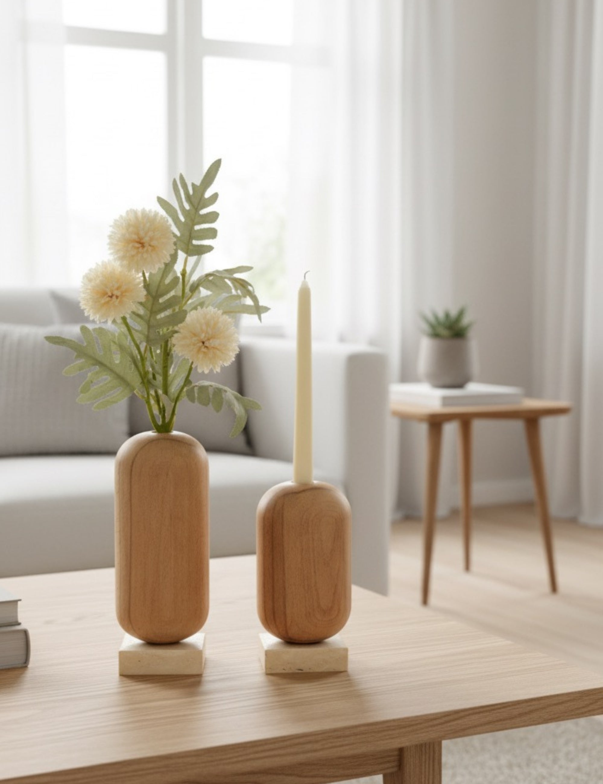 Ahşap Gövdeli Traverten Dekoratif Vazo & Şamdan Seti