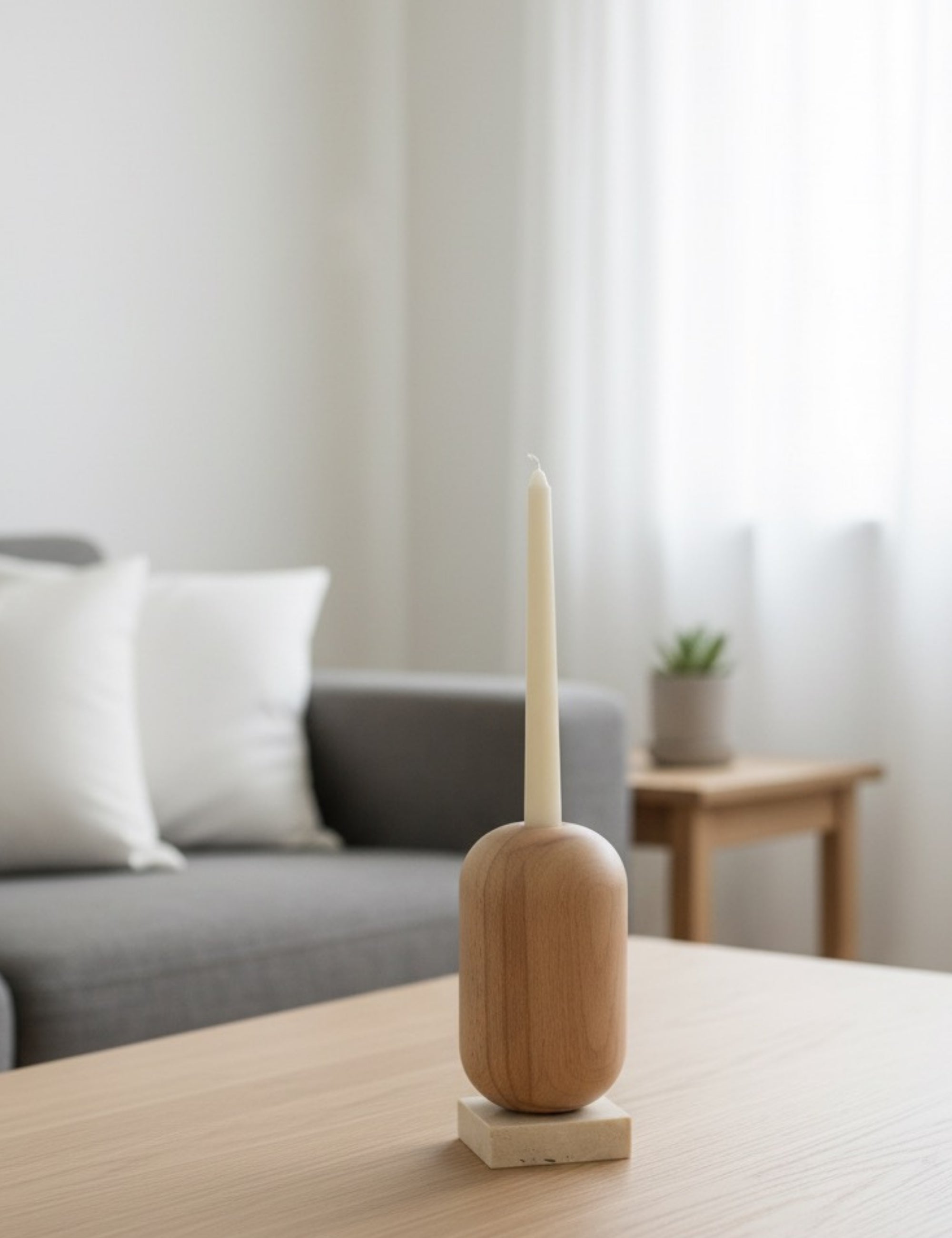 Ahşap Gövdeli Traverten Dekoratif Şamdan