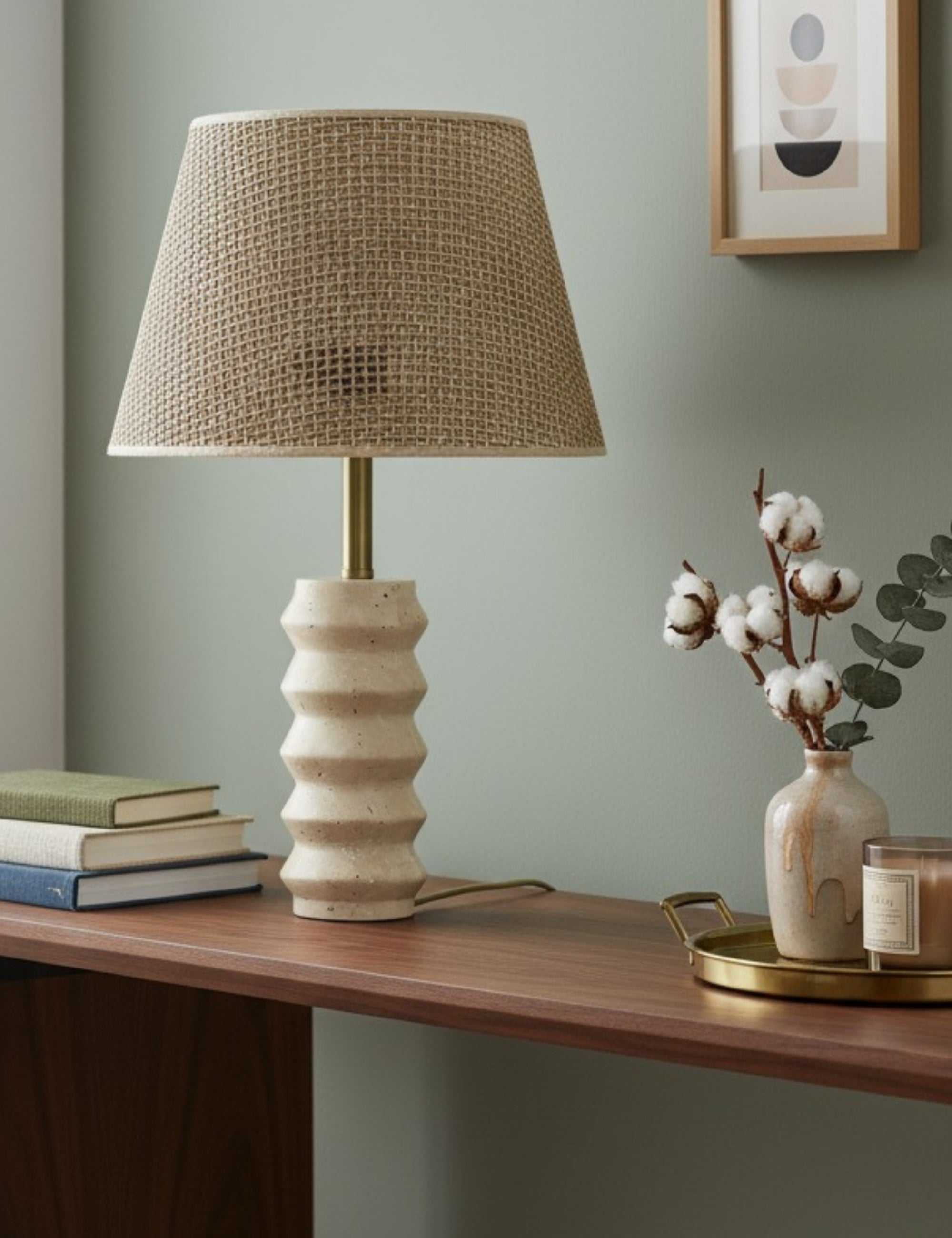 Meya Hasır Şapkalı Traverten Abajur