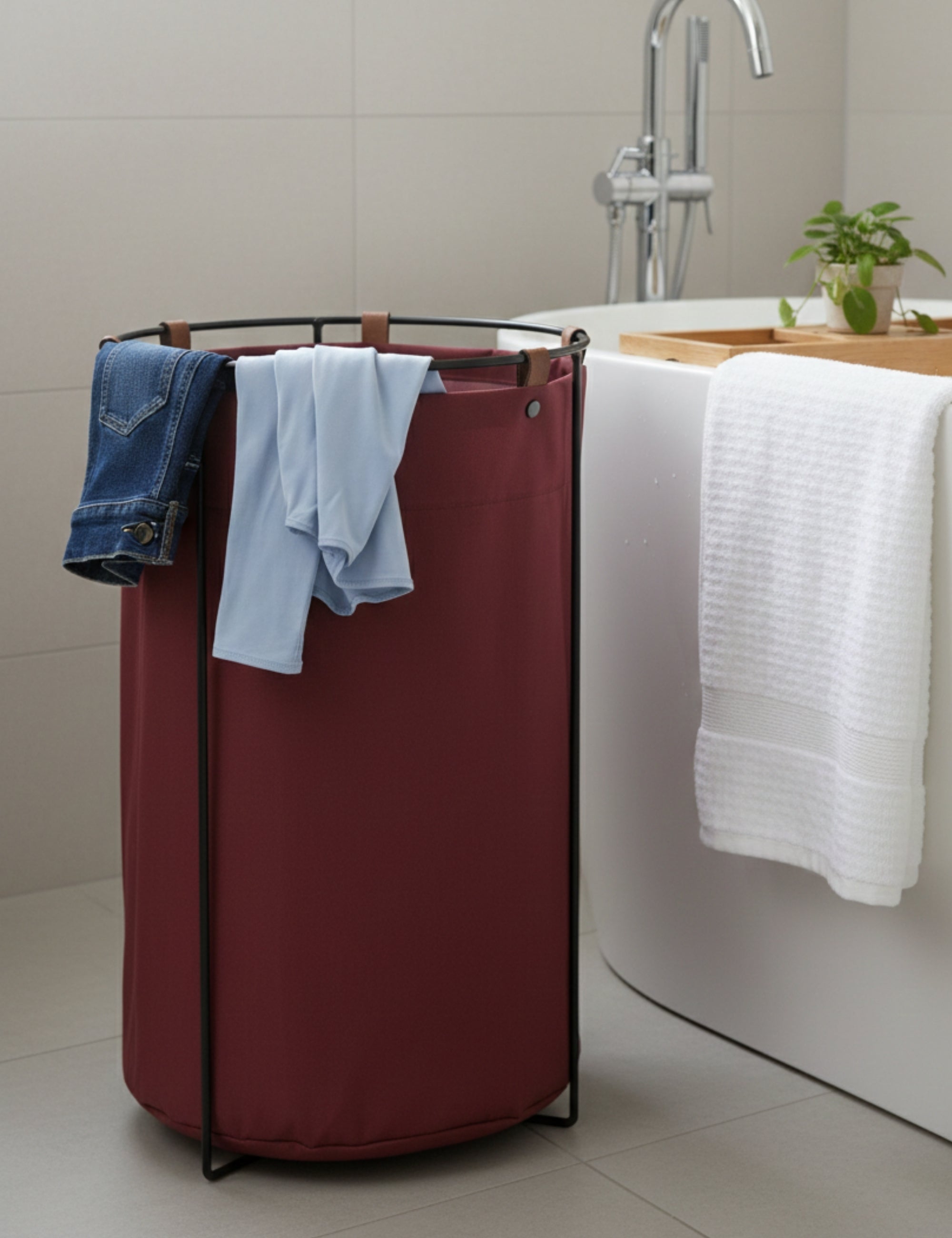 Edda Deri Askılı Metal Gövdeli Retro Çamaşır Sepeti - Bordo